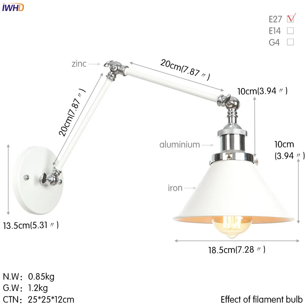 IWHD 로프트 산업용 조절식 스윙 암 벽 램프 고정 장치, 빈티지 에디슨 전구, 완드 램프