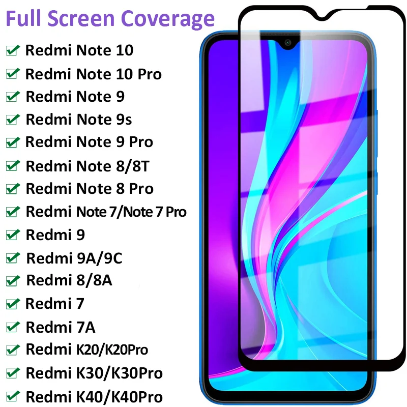 Full Protective Glass For Xiaomi Redmi 9 9A 9C 9T 8A 7A K20 K30 K40 Tempered Screen Redmi Note 7 8 9 10 Pro 8T 9T 9S Glass Film