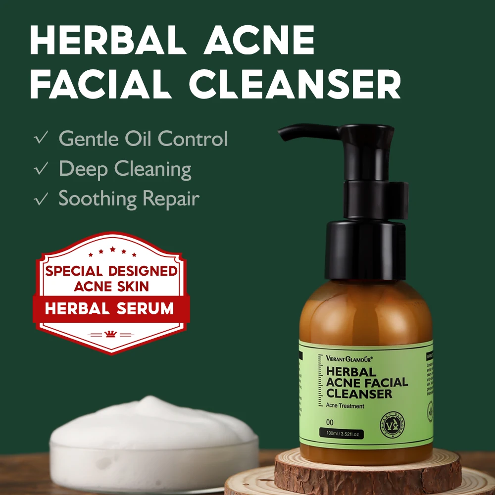 VIBRANT GLAMOUR Herbal Acne Facial Cleanser Shrink Pore Foam Oil Control Brightening Blackhead Remove Moisturize Skin Care 100g