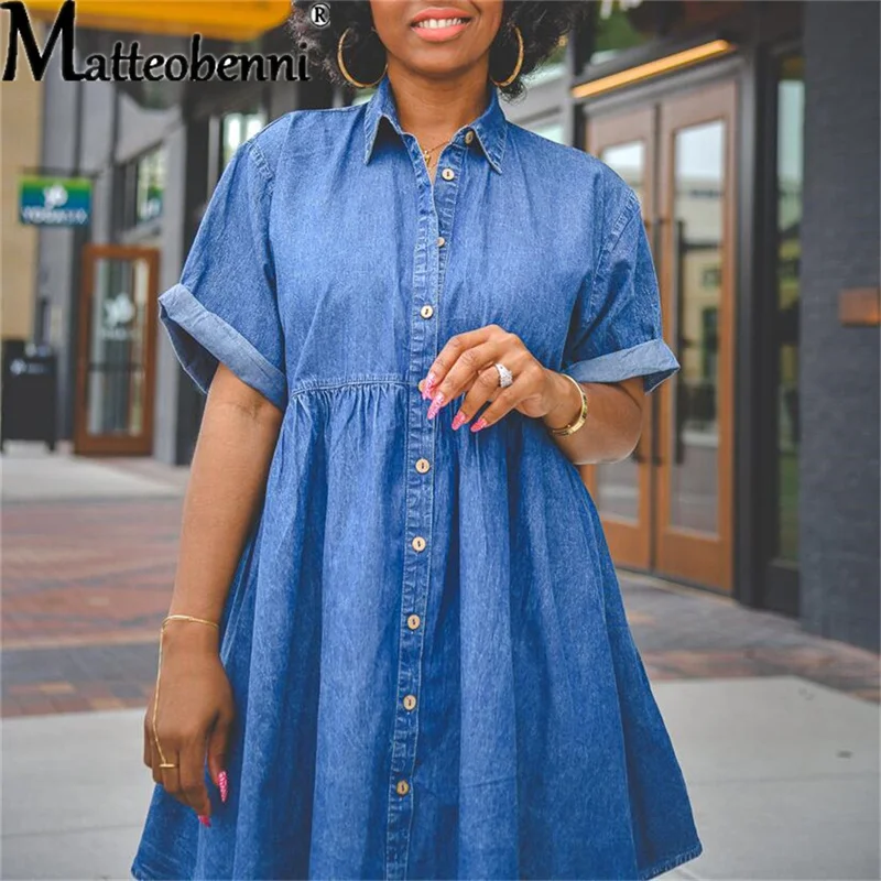 Women Summer Denim Dress Retro Women Short Sleeve Turn Down Collar Pockets Button Casual Loose Street Denim Dress 2021