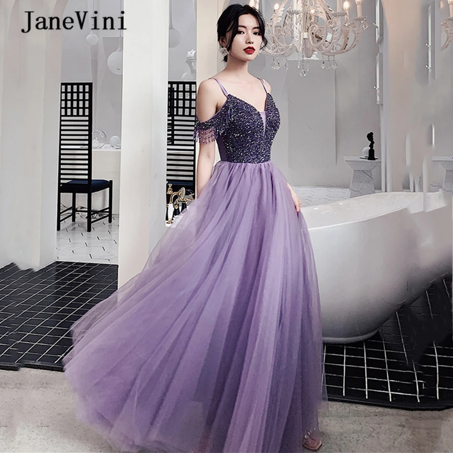 Janevini Charmant Paars Lange Prom Dresses 2020 V-hals Kralen Mouwloze Tulle Floor Lengte A Line Prom Partij Jassen Voor vrouwen