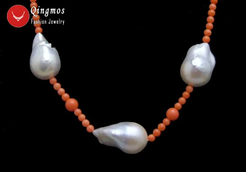 Qingmos 14*25mm Baroque Natural White Pearl Pendant Necklace for Women with 3-4mm Natural Pink Coral Necklace Chokers Jewelry