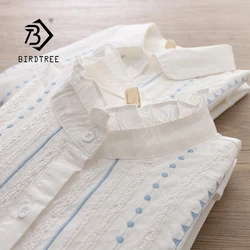 Autumn New Women Embroidery Cotton White Shirt Full Sleeve Turn Down Collar Ruched Casual Blouse Spring Office Lady Work Wear