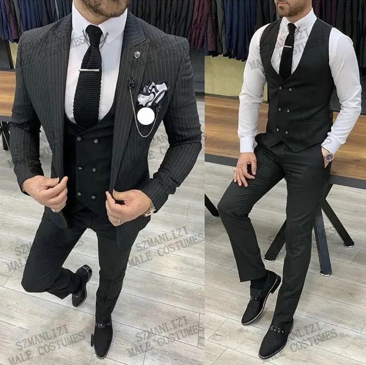 

2021 Hot Sale Black Striped Suit For Men Slim Fit Custom Made Wedding Suits for Men 3 Piece Business Blazer Groom Prom Tuxedo