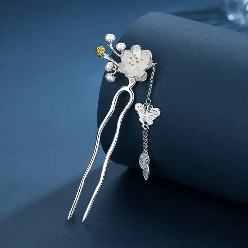 Inspiration craftsmanship butterfly natural pearl tassel U-shaped silver hairpin ancient temperament Hanfu step by step