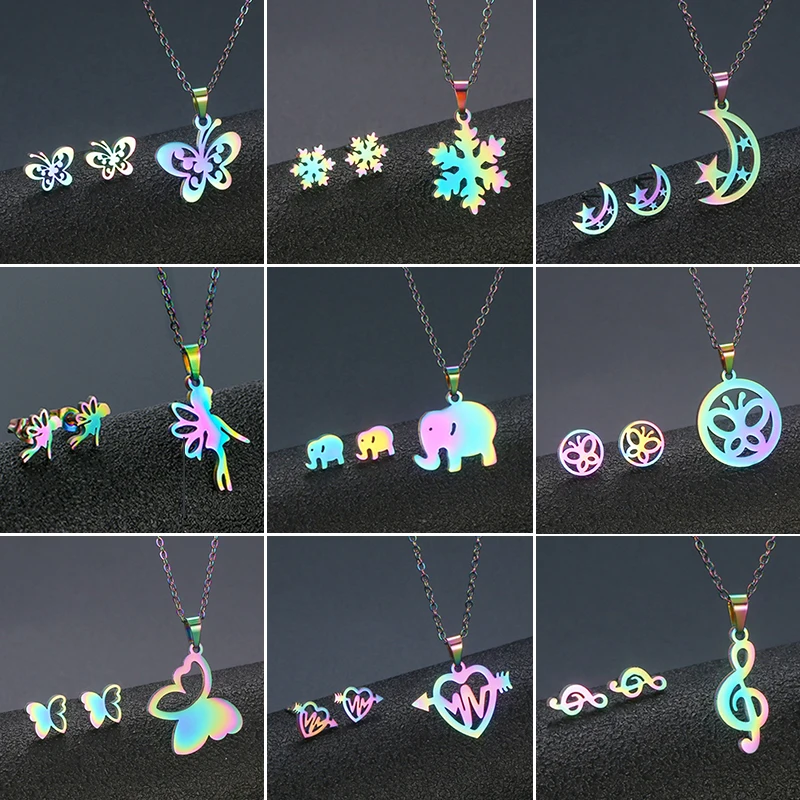 Cartoon Colorful Christmas Jewelry Sets for Women Stainless Steel Snowflake Star Moon Butterfly Necklace Earrings Girls New Year