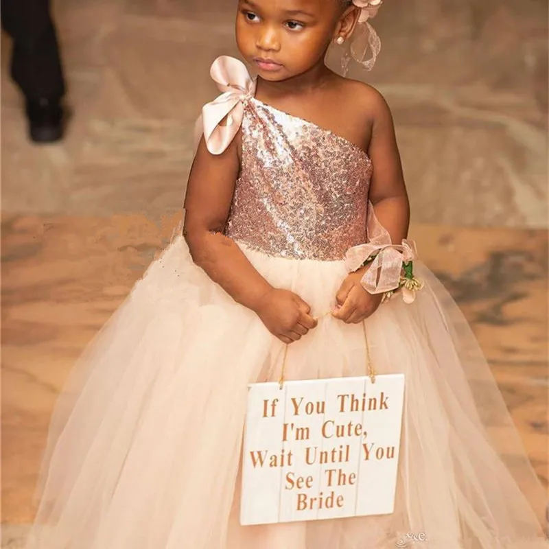 Vestidos de lentejuelas rosas para niñas y niños, vestido de flores para bodas, un hombro, barato, primera comunión, 2020