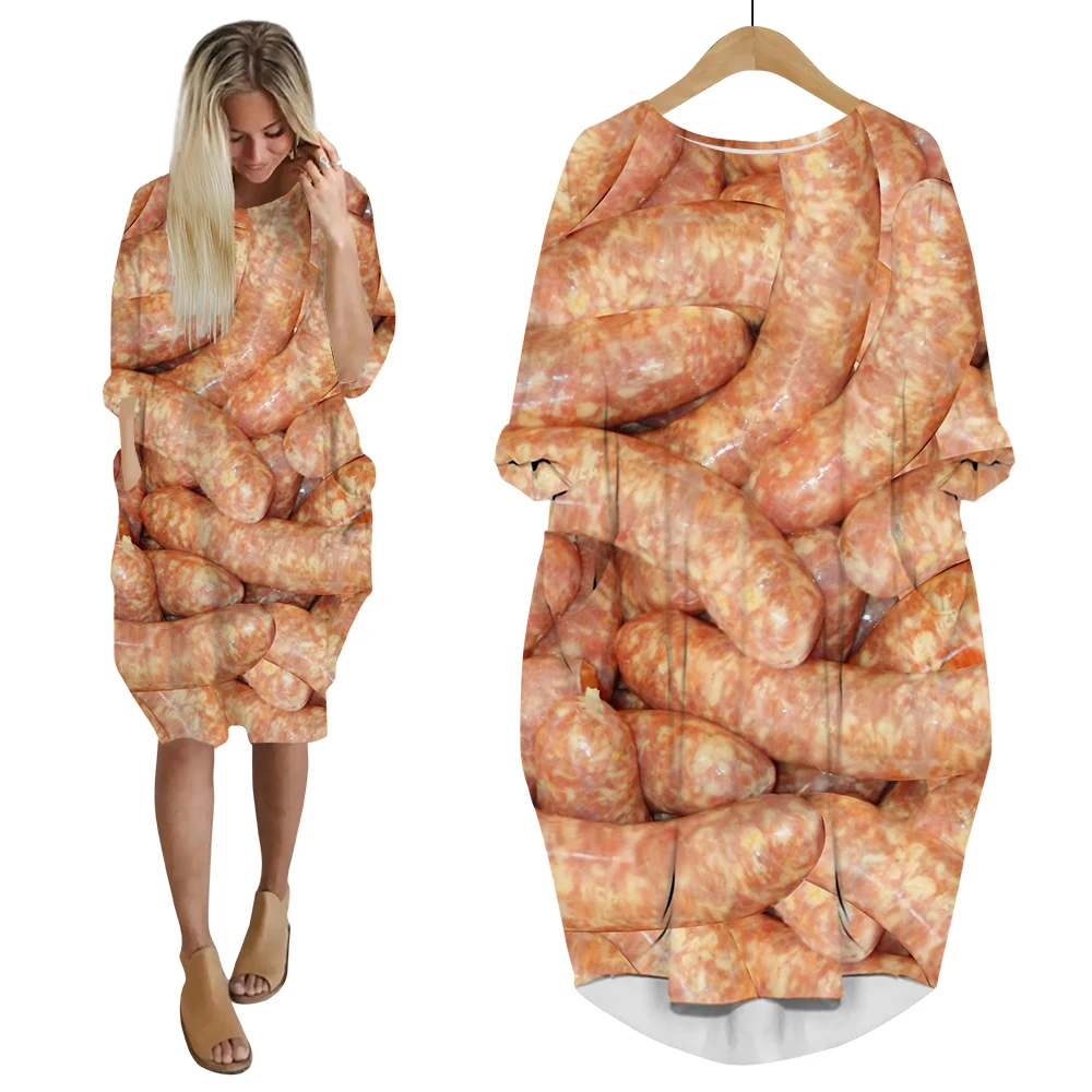 CLOOCL Popular Gourmet Sausage Dress 3D Print Fashion Funny Dress with Pockets Harajuku Women Party Clothing Long-sleeve Dress