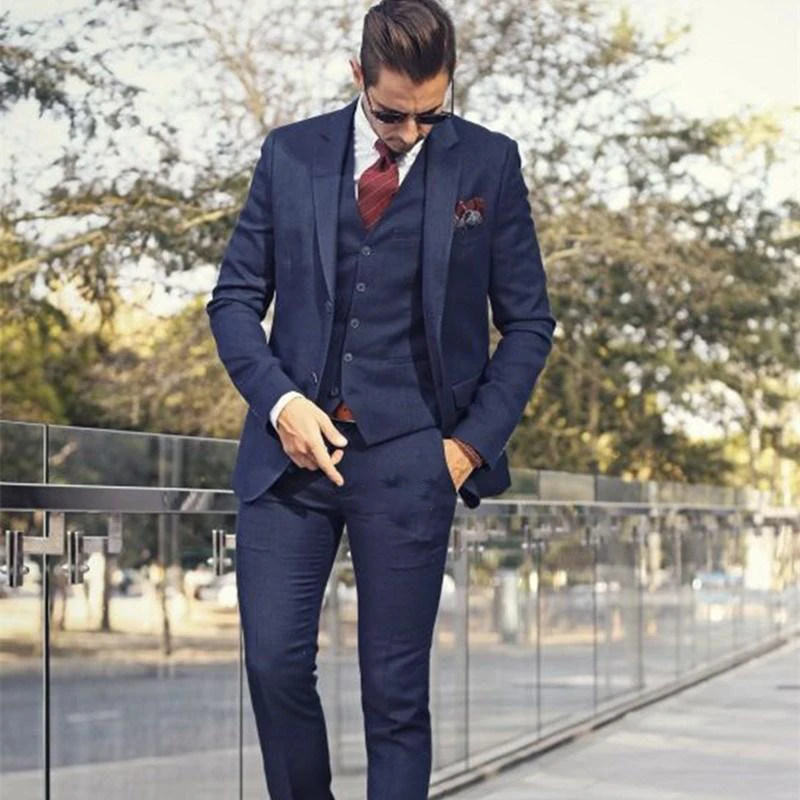 Três peças azul marinho ternos masculinos feitos sob encomenda dois botões noivo usar ternos de casamento ajuste fino para homem (blazer + colete + calças)