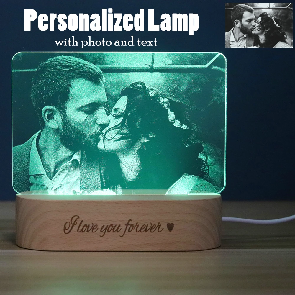 Dropshipping Photo&Text Customized 3D Night Light Desk Lamp Wooden Base Personalized Gift USB Power Bedroom Lamp Home Decor