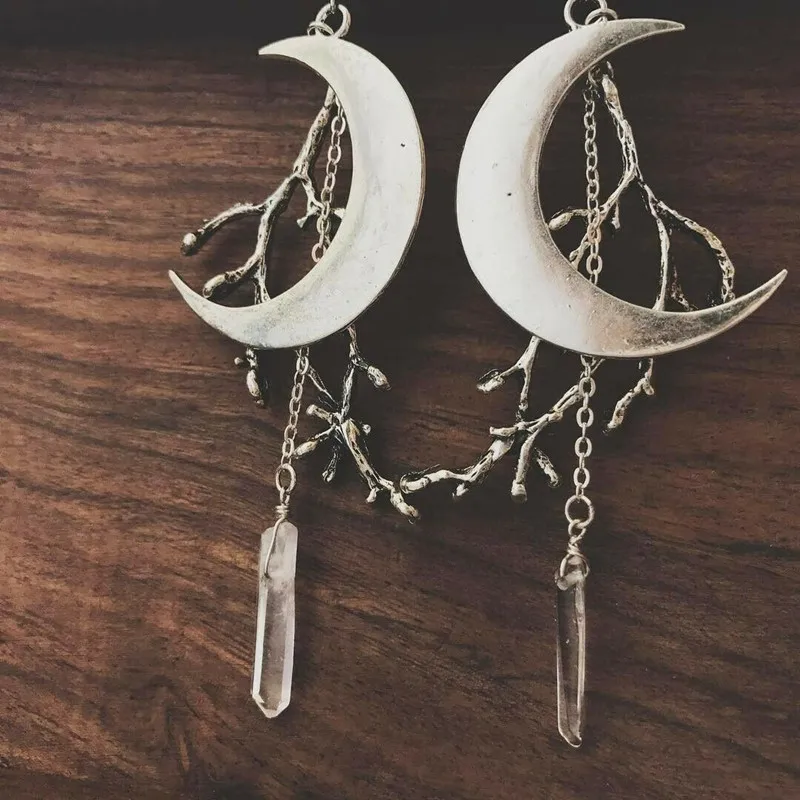 Raw Quartz Crystal Earrings with Crescent Moons and Branch  Western Hippie Boho Witchy Festival Jewelry,Gift,For Her