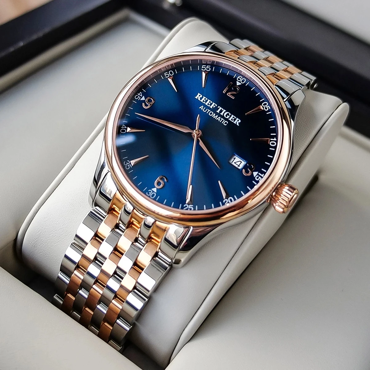 Reef Tiger/RT New Top Brand Luxury Two Tone Rose Gold Watches With Date Blue Dial Waterproof Men's Automatic Mechanical Watch