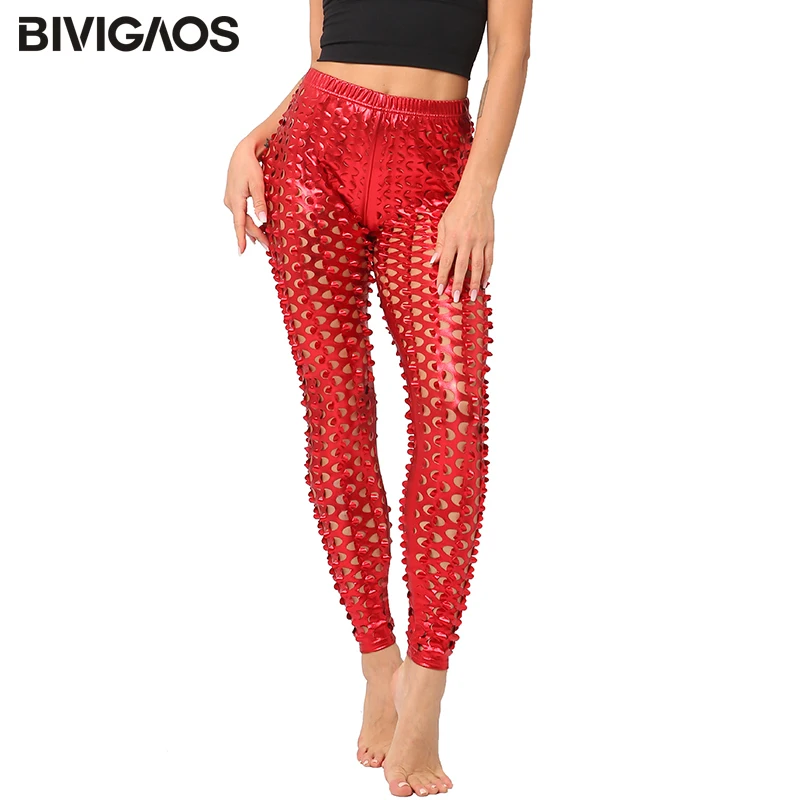 BIVIGAOS kobiety Sexy legginsy Rock Style metalowe otwory jasne Faux skórzane legginsy rybie łuski legginsy gotyckie legginsy damskie