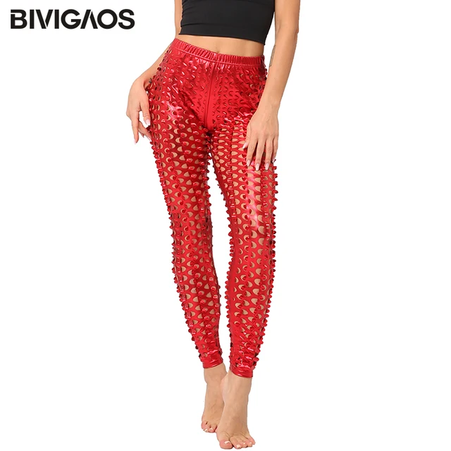 BIVIGAOS kobiety Sexy legginsy Rock Style metalowe otwory jasne Faux skórzane legginsy rybie łuski legginsy gotyckie legginsy damskie