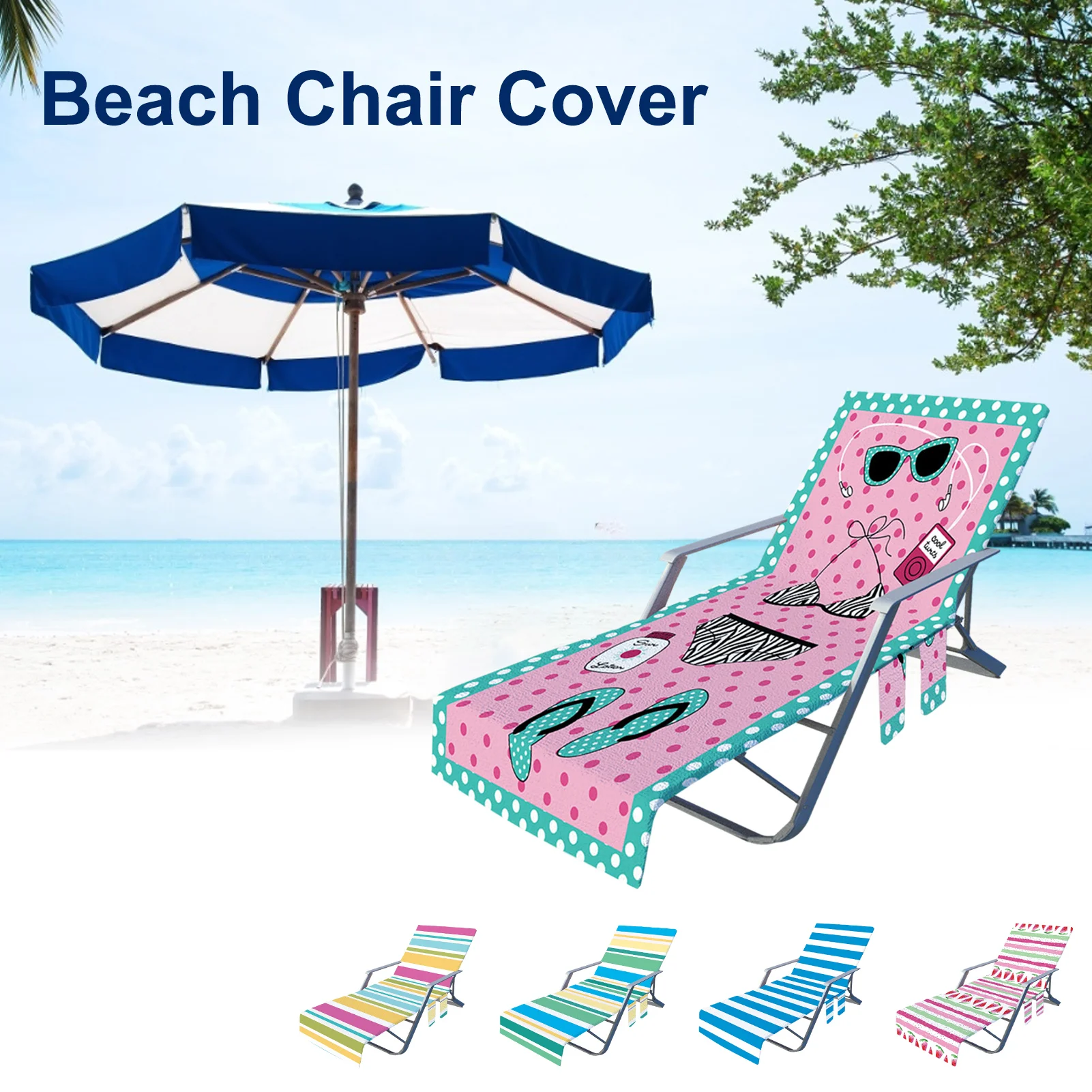 Portable Beach Chair Towel Long Strap Beach Bed Chair Towel Cover With Pocket For Summer Outdoor Garden Pool Sun Lounger Cover