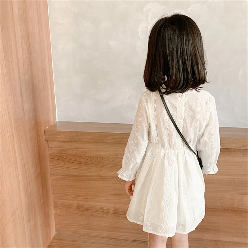 1-6T White Lace Dress For Girls Toddler Kid Baby Girl Clothes Long Sleeve High waist Sundress Cute Sweet Party Princess Dress