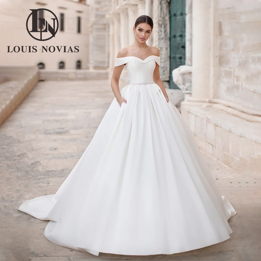 LOUIS NOVIAS Satin Wedding Dresses For Woman Sexy Boat Neck Beading Court Train Sashes Bridal Gowns Vestidos De Novia