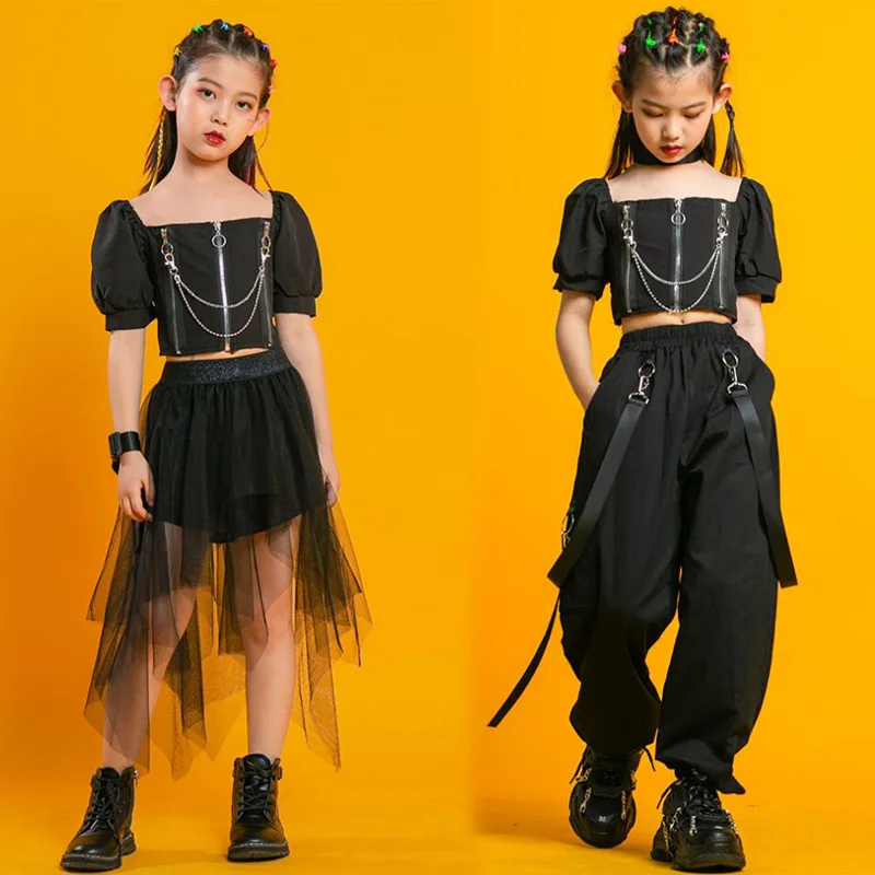 Kinder Punk Hip Hop Kleidung Square Neck Puff Sleeve Crop T Hemd Plissee Netz Rock Hose Für Mädchen Jazz Dance kostüm Set Kleidung