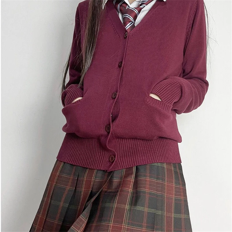 New Japanese Preppy Style Knitted Sweater Women Red Sexy JK Uniform Coat Pocket Cotton Students Girls School Cardigan Jacket 5XL