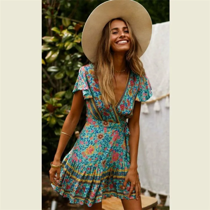 

Women Vintage Short Sleeve Print V neck Boho Floral Mini Dresses Female Summer Holiday Sundress Elegant Holiday Beach Sundress