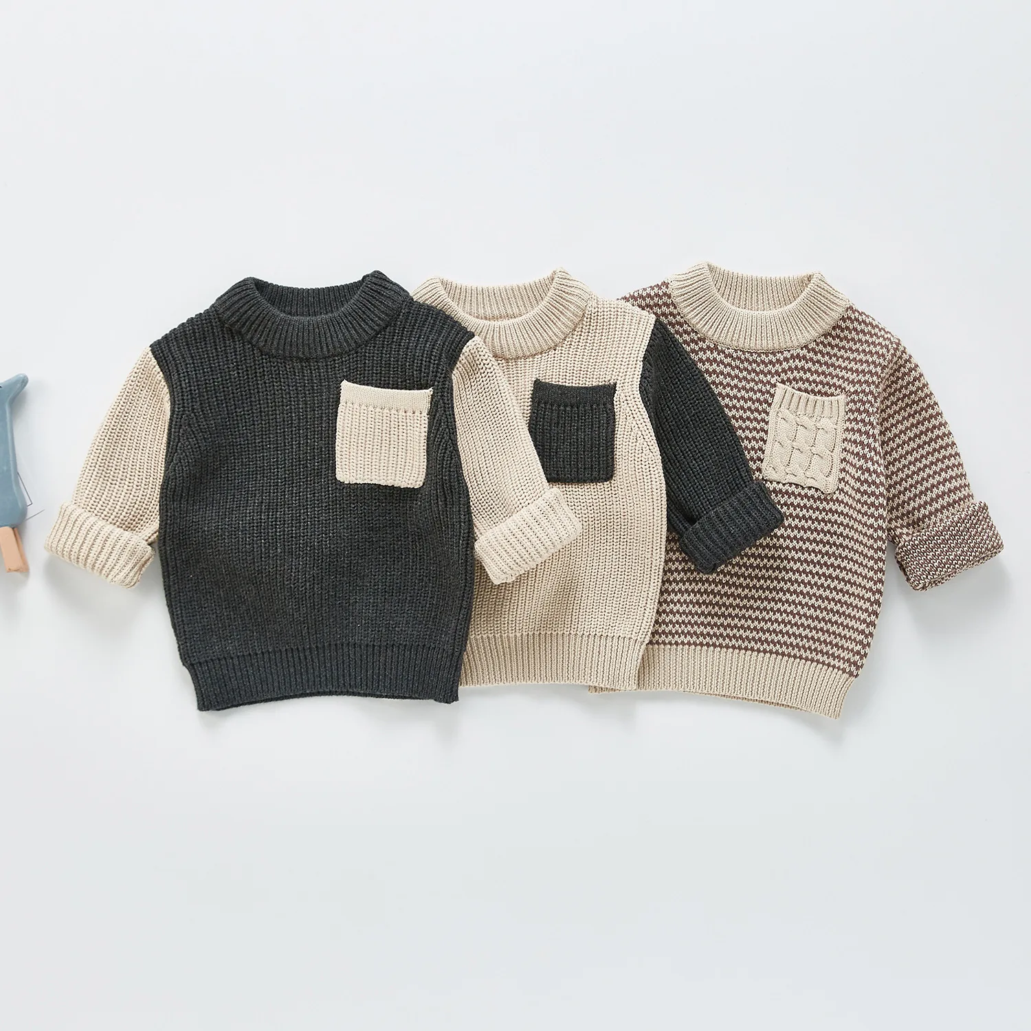 Kids Cotton Sweater Infant Boys Pullover Tops Baby Girls Long Sleeve Knitwear Clothes Colorblock Pocket Sweater Baby Boy Sweater