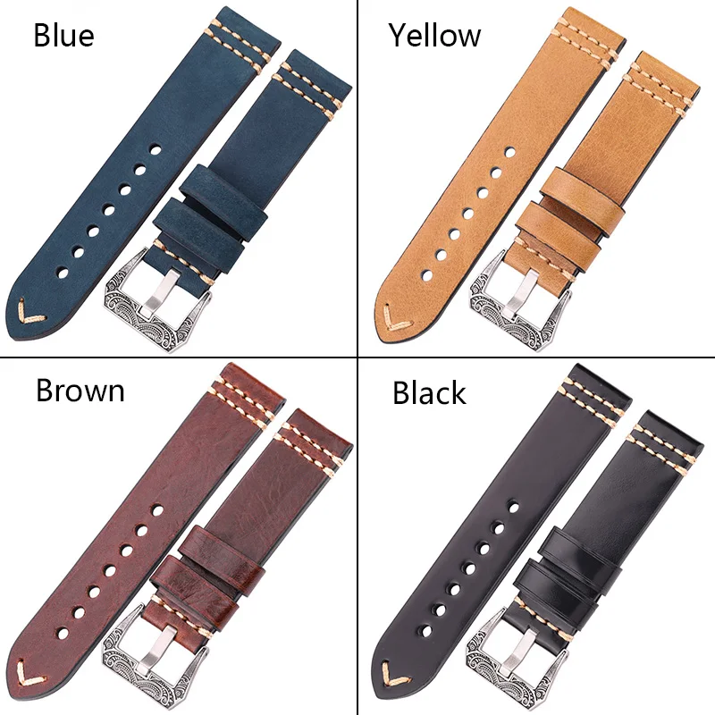 Handmade Watchband 20mm 22mm 24mm Genuien Leather Watch Band Strap 4 Colors Cowhide Watch Accessories Retro Steel Buckle