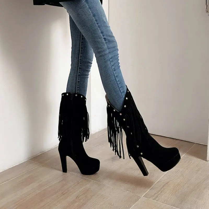 

ZawsThia Ethnic Western Cowboy Shoes Platform Thick High Heels Women Mid-calf Boots With Tassels Fringes Extra Big Size 48 49 50