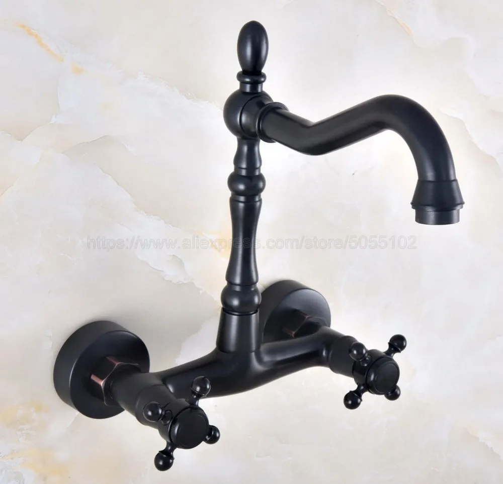 

Oil Rubbed Bronze Double Handle Kitchen Faucet Wall Mounted 360 Degree Rotate Bathroom Mixers Hot and Cold Tap znf814