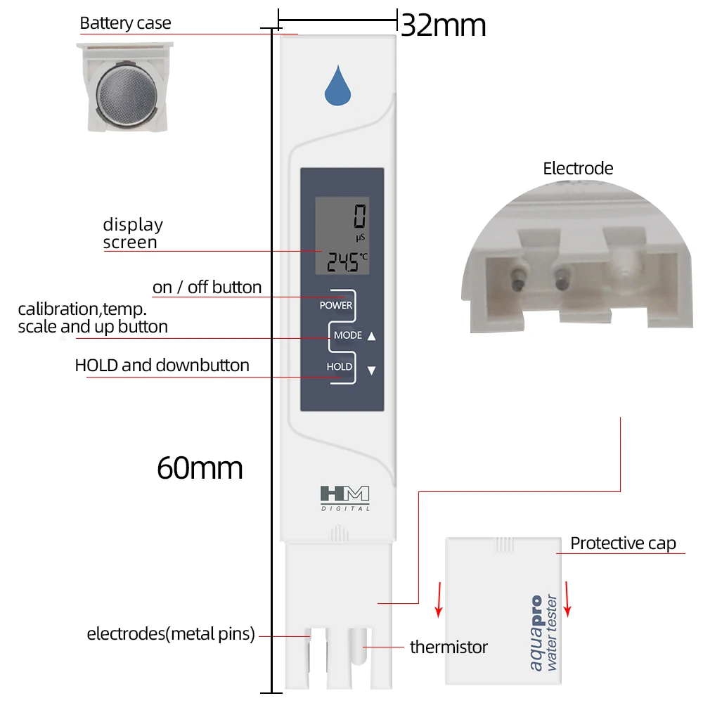 2 In 1 HM EC Meter Tester di temperatura misuratori di conducibilità dispositivo di prova della qualità dell'acqua Tester EC per piscina