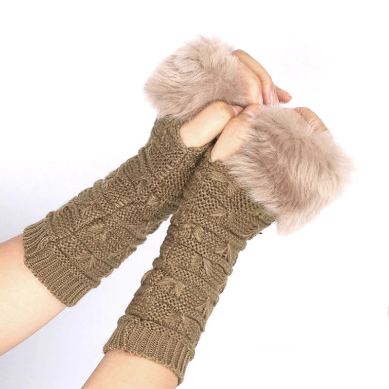 Autumn Winter Students Write Keep Warm Korean Knitting Lady Fingerless Protection Hand Warmer Faux Fur Gloves For Women