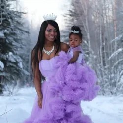 Custom Made Fluffy Mother And Kids Tulle Dresses   Strapless Crystals Waistband Ruffles Mom And Me Gowns   For Photo Shoot