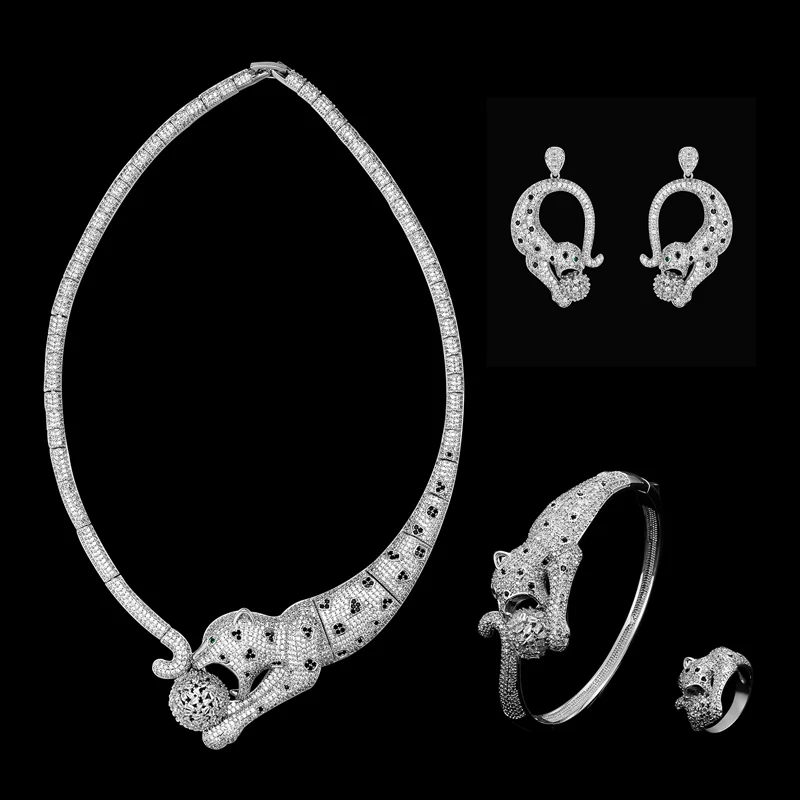 

Zlxgirl jewelry Luxury brand Rhodium silver plated leopard necklace Earring bangle ring jewelry sets high animal bridal jewelry