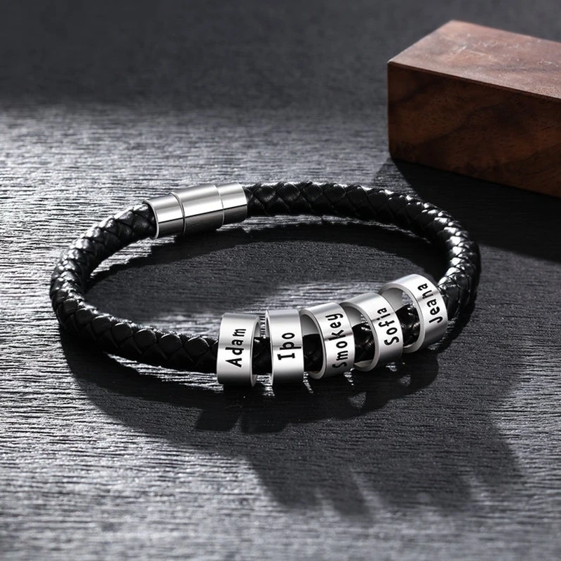 Black Genuine Leather Bracelet Customized Personality Men Jewelry Engrave Family Name Stainless Steel Bangle Men Women Gifts