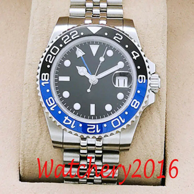 

Bliger Brand 40mm Black Dial Sapphire Glass Luminous Hand Bracelet GMT Automatic Movement Men's Watches