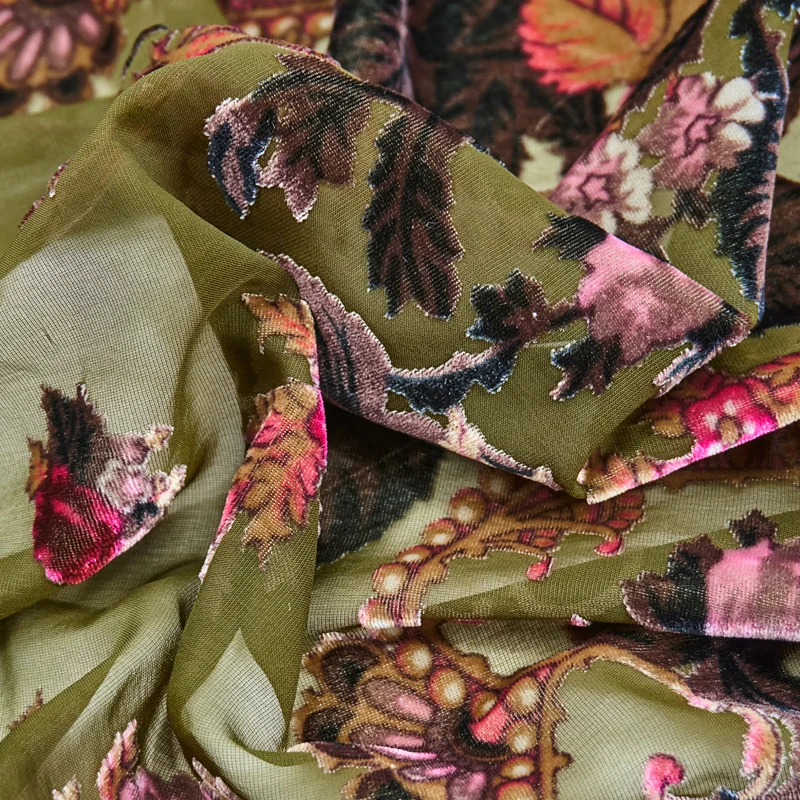 The Peony On Yellow Green Burnt-Out Velvet Fabric For Dress Telas Por Metro Tissus Au MÈTre Ткань Для Шитья Одежды Sewing Tecido