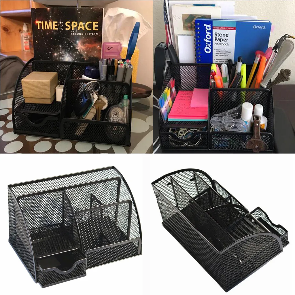 Multi-function Office Desk Organizer with 6 Compartments Drawer | The Mesh Collection Black Storage Case Desk Pen Book Organizer