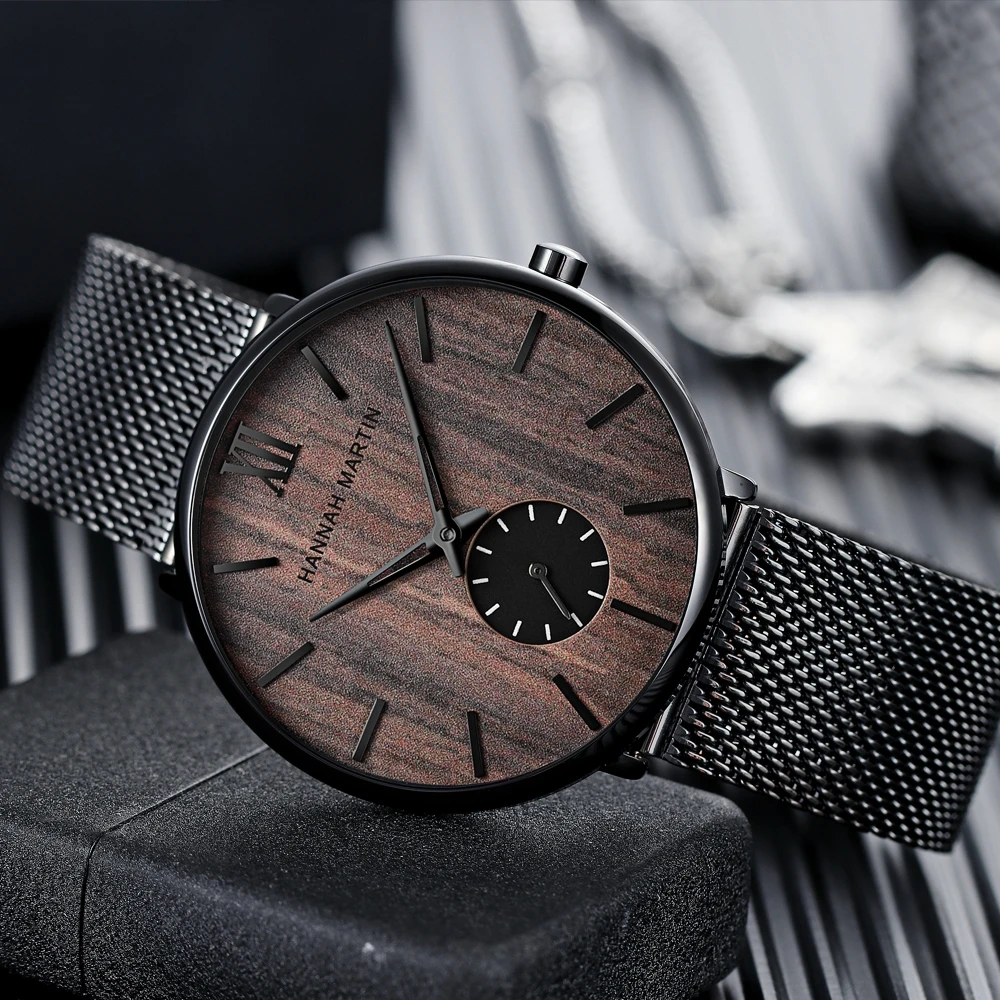 Hannah Martin Watch Men Black Stainless Steel Mesh Small Dial Men Watches Top Brand Luxury Quartz Wrist Watch relogio masculino