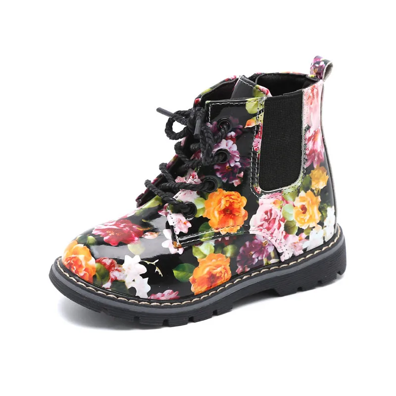 Little Baby Girls Children Leather Boots Kids Boots Flower Print Baby Girls Shoes Girls Boots 3 4 5 6 7Years Old Kids