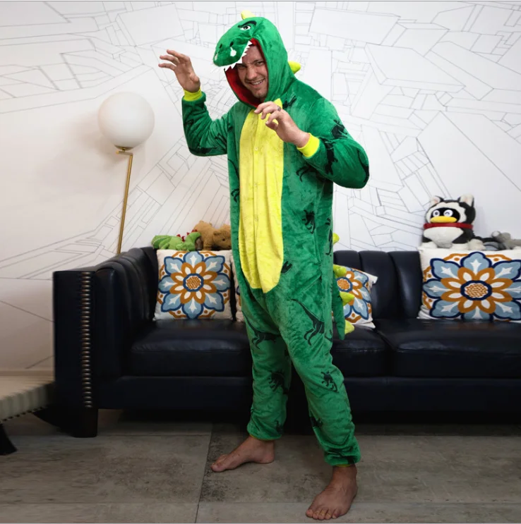 Kigurumi Onesies Cosplay Green dinosaur adult pyjamas for men and women halloween costumes pajamas Animal Sleepwear Jumpsuit