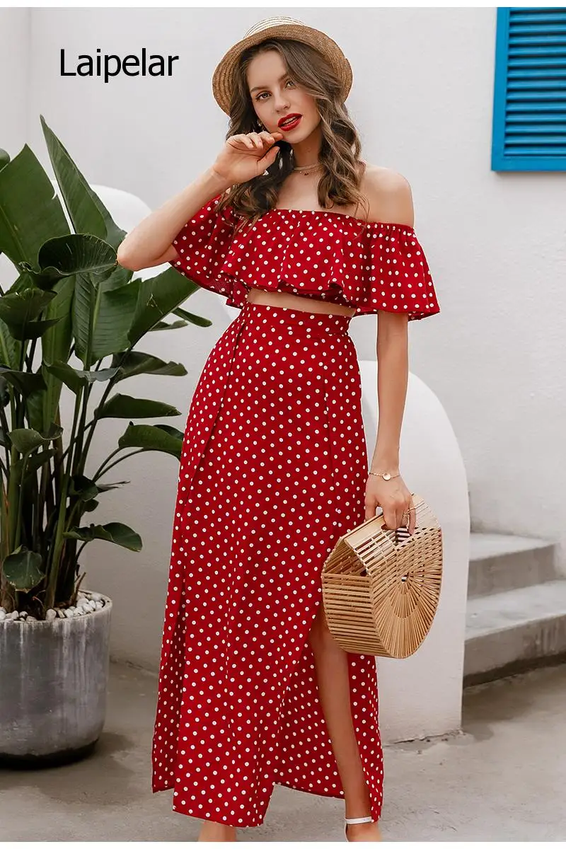 Women Off Shoulder Red Vintage Dot Long Dress Summer Maxi Dress Chiffon Ruffle Sexy Beach Dresses Vestidos