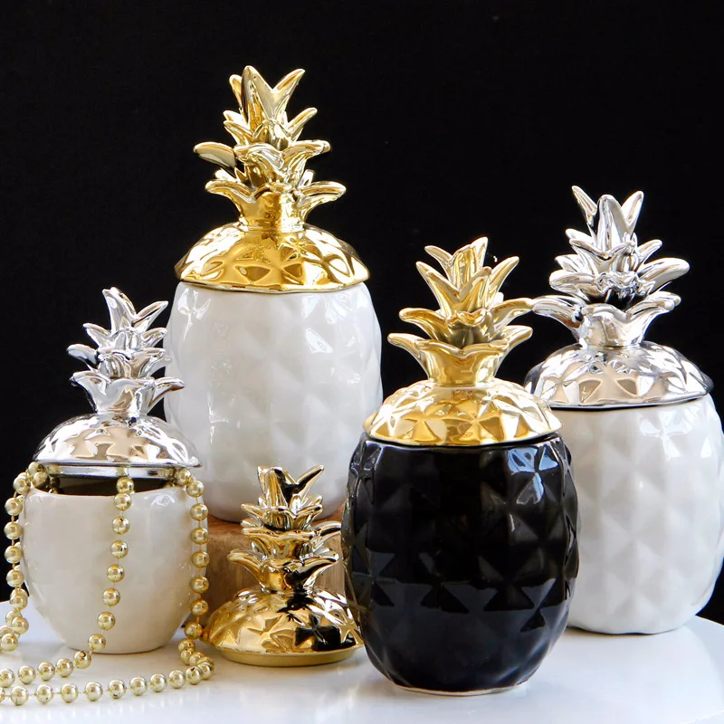 15.5cm 20.5cm Ceramic Pineapple Storage Box for Jewelry Black Pineapple Figurines Fruit Crafts Ornaments For Home Offices