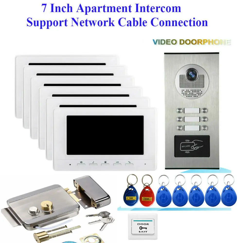 

7" Color LCD Video Door Phone Intercom System 6/4/3/2 Monitors + RFID Access Outdoor Camera For 2~6 Apartment+lock