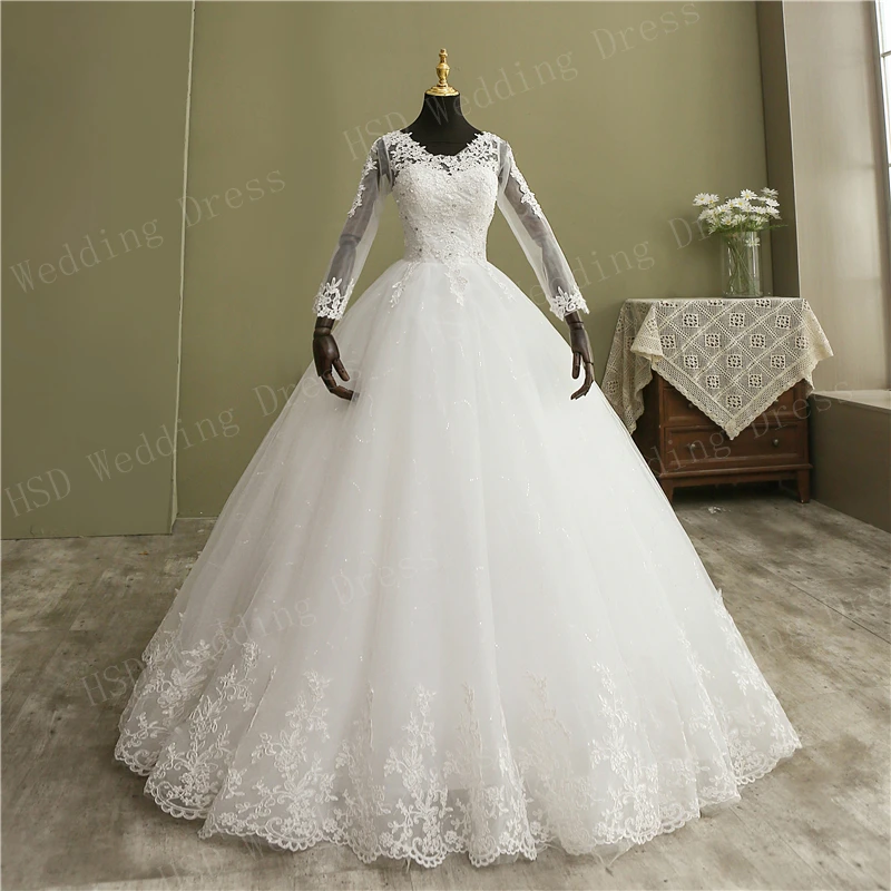 свадебное платье Bridal Ball Gown V Neck Wedding Dress Customized Vestido De Novia Princesa Lace Vintage Long Sleeve Real Image