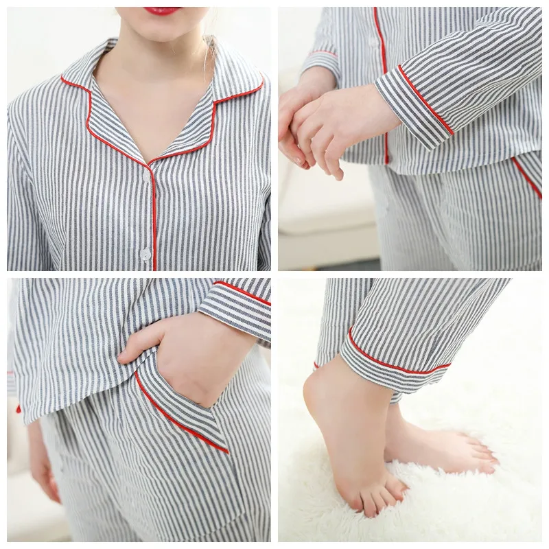 Kupokasi Women Cotton Pajama Set 2 Pieces Sleepwear Striped Long Sleeves Girl Nightwear Summer Autumn Casual Lounge wear