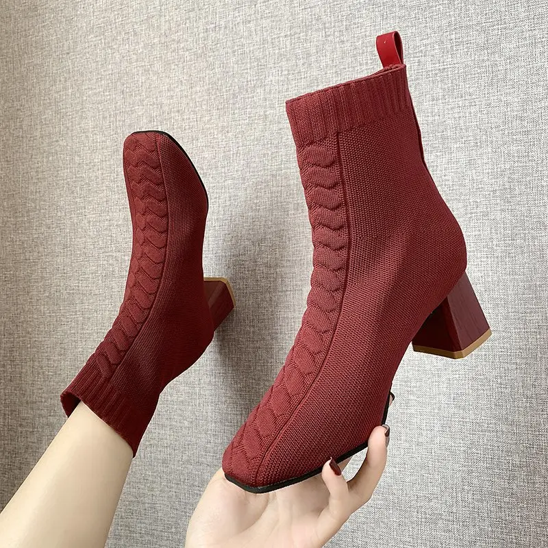 

Sexy Pointed Toe Ankle Boots Women Pumps Thick Heel Solid Color Party Shoes Woman High Heel Shoes Socks Shoes Zapatillas Mujer