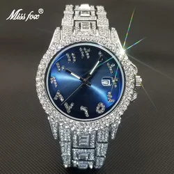 MISSFOX Luxury Men Watches Women Top Brand Hip Hop Diamond Quartz Wristwatch Punk Bule Dial Stainless Steel Clock Couples Gift