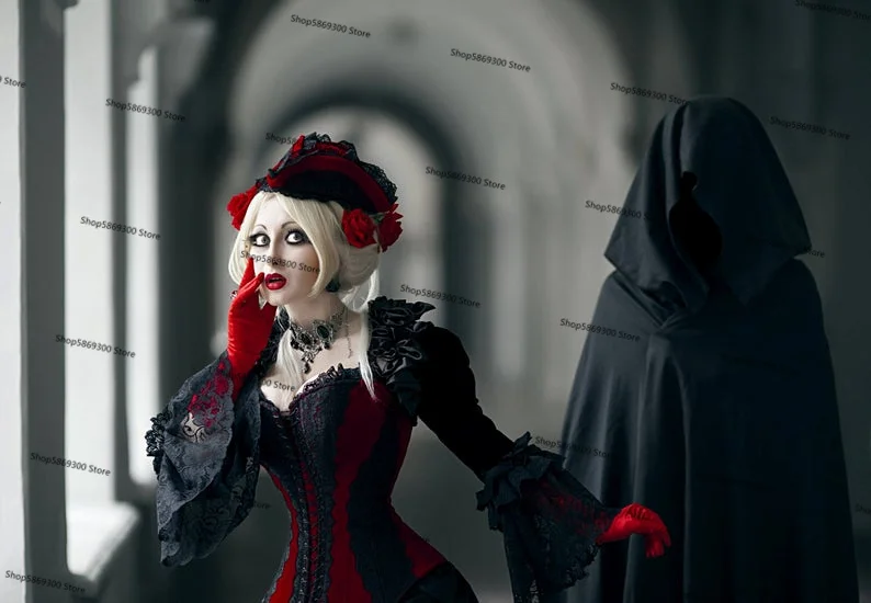 Fluwelen Victoriaanse Corset Trouwjurken Zwart Rood Vampire Gothic Evil Queen Victoriaanse Bruidsjurk Rok Met Lange Mouwen