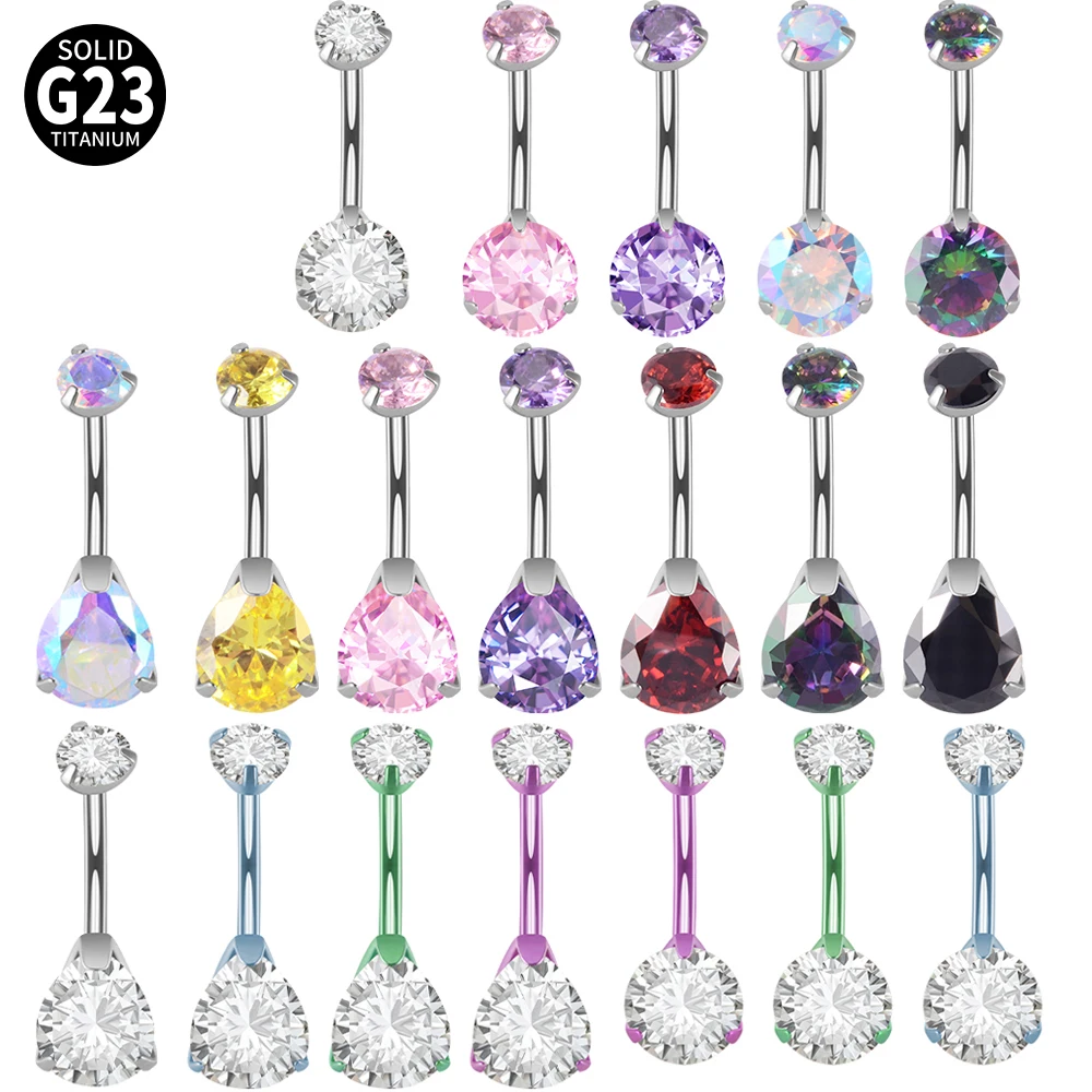 1PC G23 Titanium Round Crystal Belly Bars Button Rings Prong WaterDrop CZ Zircon Navel Piercing Curved Banana Sexy Body Jewelry