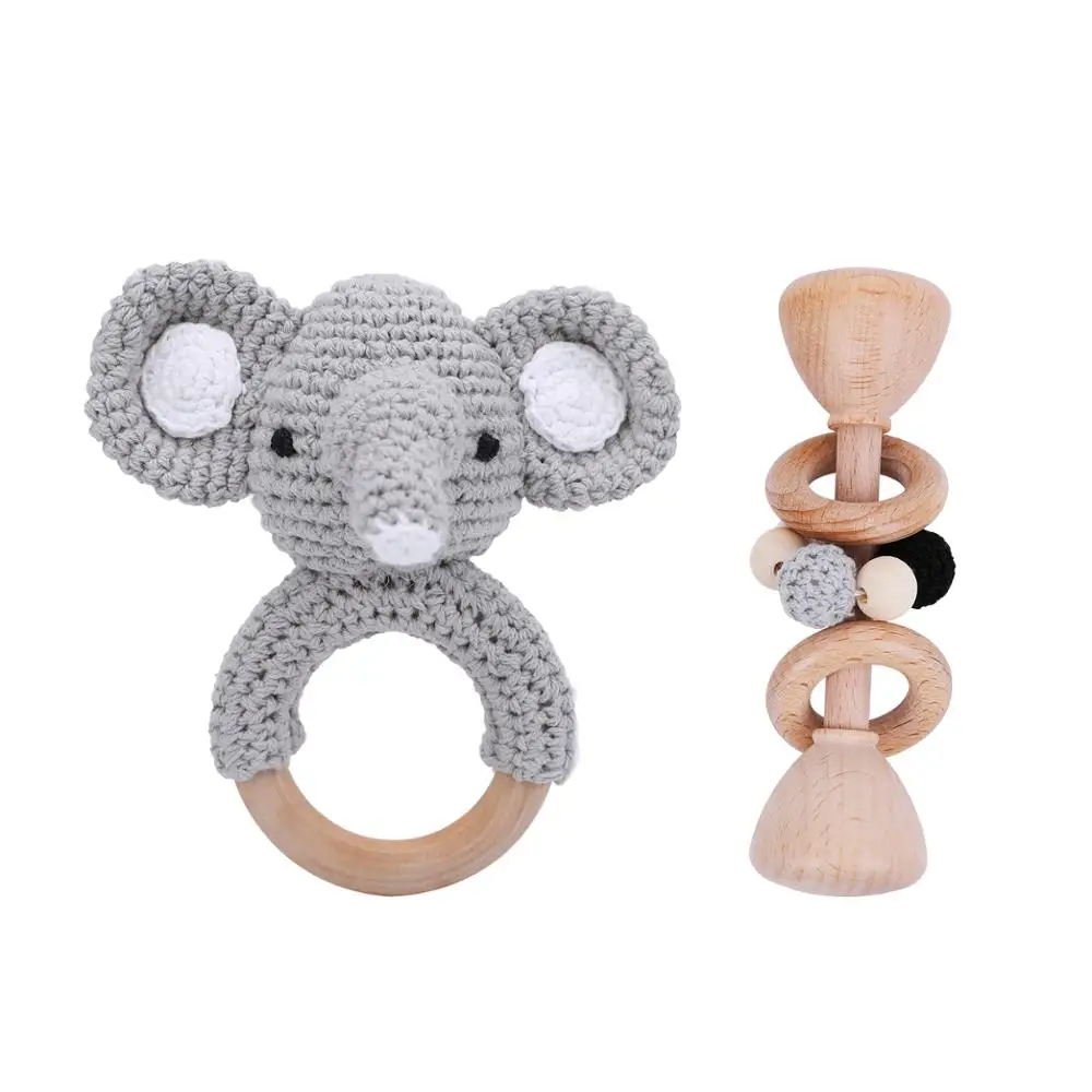 Let's Make 2pcs Wooden Baby Toys Set Wooden Beads Woven Wood Ring Kit Gym Wood Animal Rattles Wooden Teether BPA Free Kids Toys