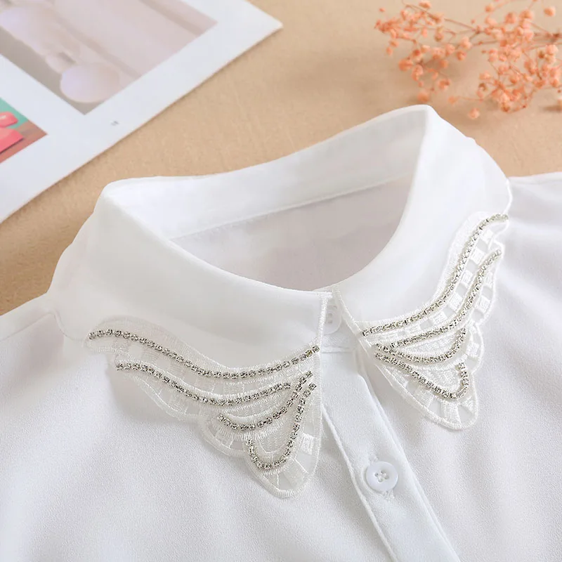 

White Fake Collar Shirt Black False Collar With Beads Removable Lady Detachable Collars For Women Chiffon Faux Col Chemisie